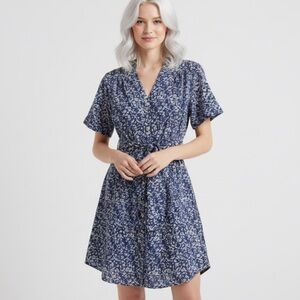 MIRTH Luca Floral Blue Floral short Sleeve Button Down Mini Dress Size XS